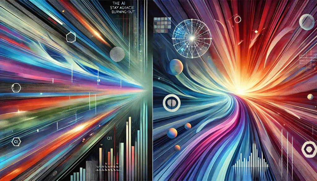 Abstract digital illustration with two contrasting halves: one side features sharp, flowing energy lines in electric blue, neon red, and violet tones symbolizing AI speed and pressure; the other side transitions into calm gradients and soft organic shapes in slate gray and cool teal, representing mindfulness and balance. No text or labels present.