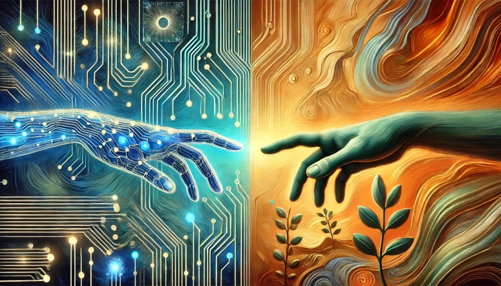 Abstract digital illustration split between two halves: the left side features glowing, cool-toned circuit-like threads and neural mesh structures in teal, blue, and silver; the right side flows into warm, organic shapes in golden amber, coral, and soft clay tones, symbolizing human intuition.