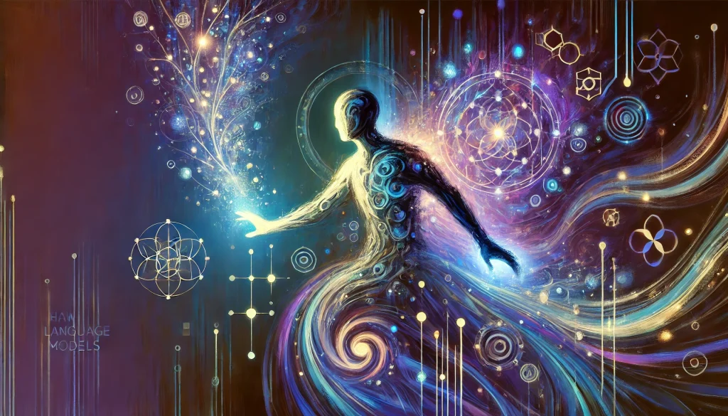 Editorial illustration showing a faceless, non-gendered magician-like figure in a dynamic spellcasting pose. Surrounding the figure are glowing threads, symbolic light forms, and swirling fractal glyphs—representing the generative and structured nature of large language models. The color palette includes deep indigo, violet, electric cyan, and soft gold. No text or labels.