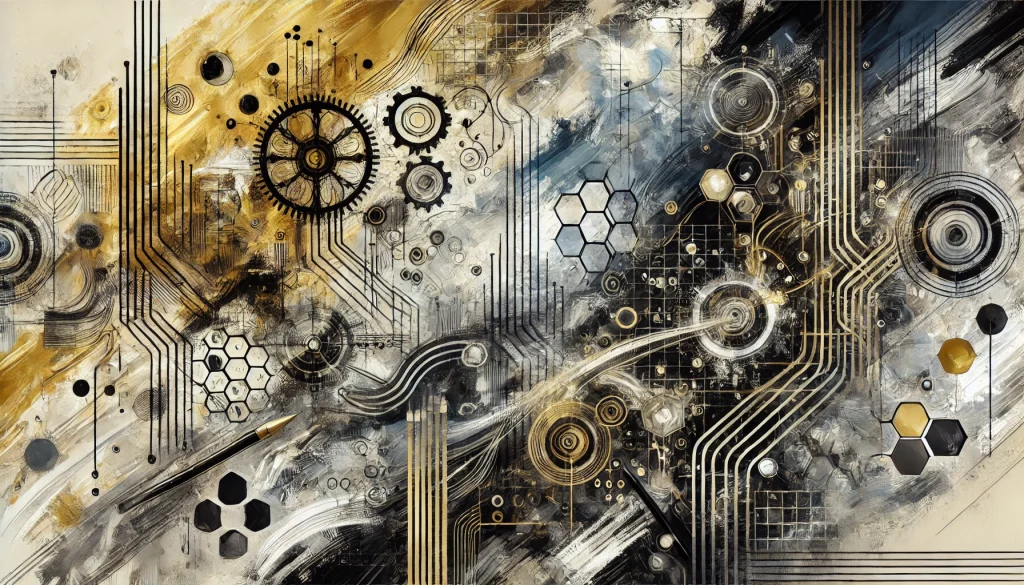 Abstract gold, silver, and black image featuring circuit patterns and creative tool motifs symbolizing AI content creation enhanced by human input.