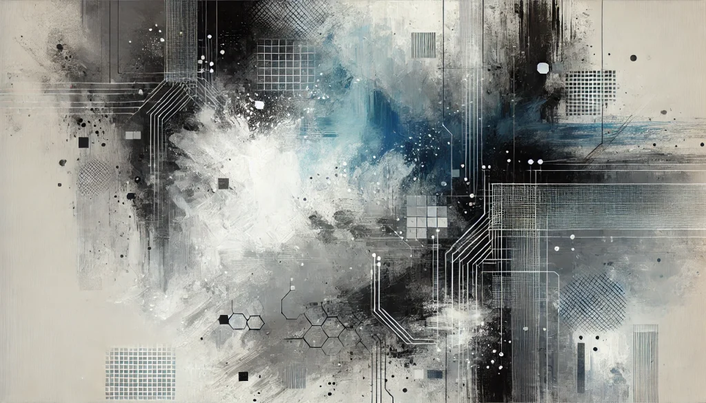 Abstract digital artwork showing interconnected AI technology patterns with geometric grids, circuit lines, and data visualization elements in blue and gray tones.