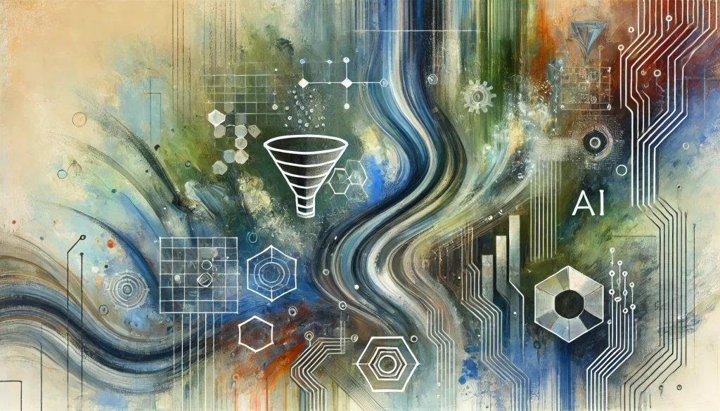 Abstract digital artwork featuring a white funnel icon surrounded by AI circuit patterns, flowing data streams, and geometric shapes in blue, green, and orange tones