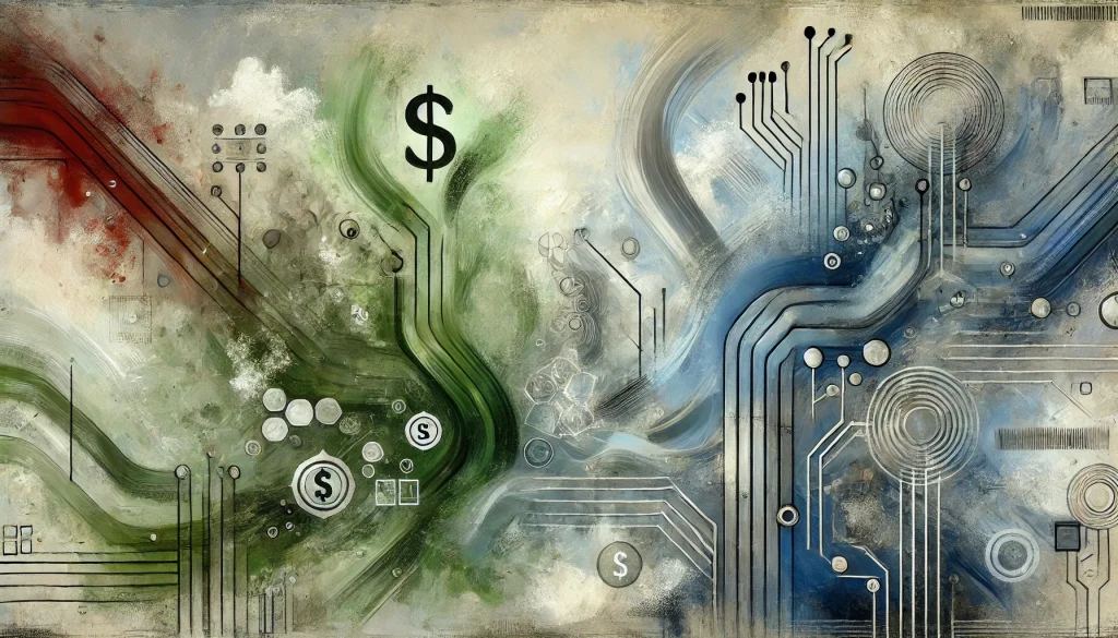 Abstract green and silver digital artwork with subtle money icons and circuit-like textures representing AI-driven business growth.