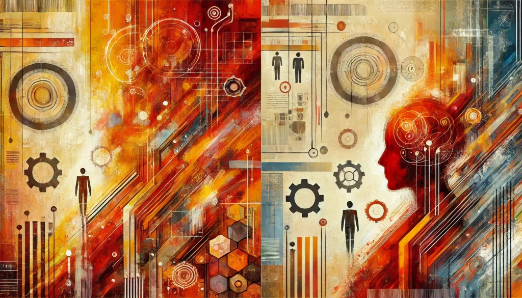 Abstract orange and red image with tech-inspired motifs and minimalist human figures, symbolizing solopreneurs using AI to compete with large businesses.