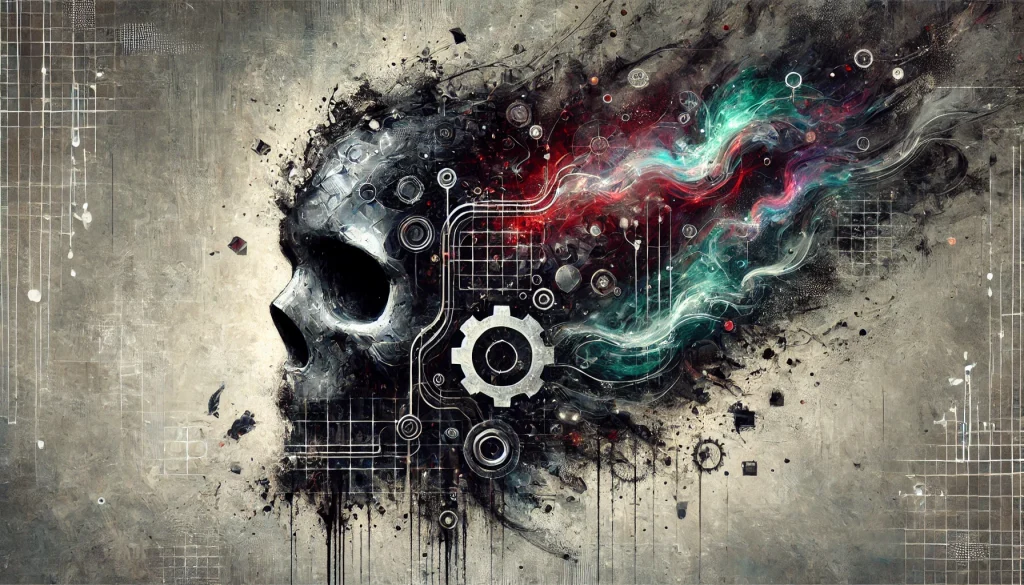 Abstract digital illustration showing a broken, decaying chatbot structure with fractured metal panels and subtle skull shapes embedded in the debris. A glowing, adaptive AI form rises nearby, composed of fluid shapes and neural threads in teal, violet, and pale gold. The scene contrasts dark, rusted decay with radiant, intelligent emergence. No text present.