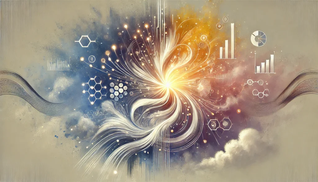 A glowing, abstract digital illustration showing radiant strands of light and geometric forms emerging from a central core. Soft gradients of golden amber, lavender, sky blue, and white create a symbolic flow of ideas and creative energy. No text or icons.