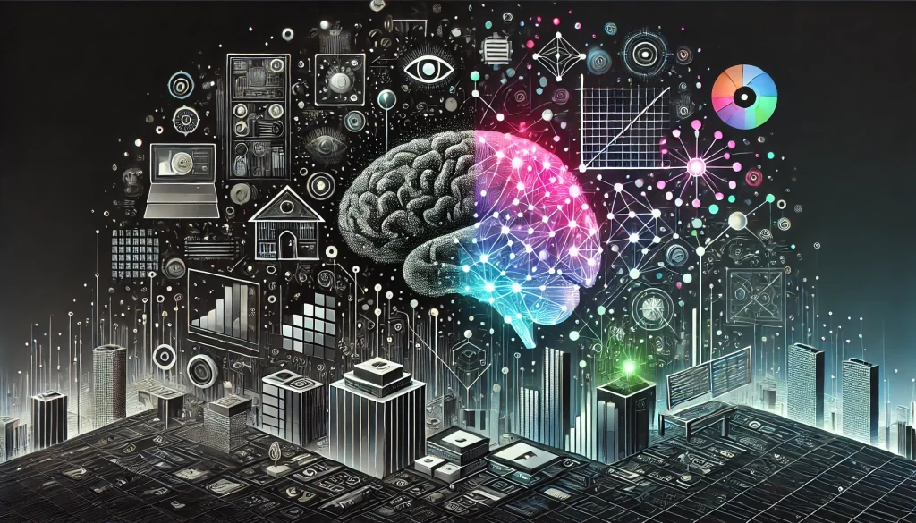 Editorial digital illustration divided into two contrasting zones: on the left, dark, faded outlines of small business storefronts and analog tools; on the right, glowing neural patterns and floating digital grids in neon green, pink, and cyan — symbolizing AI's rise. No text present.