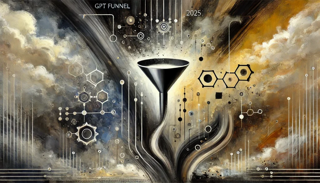Abstract digital illustration of a black sales funnel surrounded by tech and data motifs, symbolizing AI-powered automation vs traditional sales methods