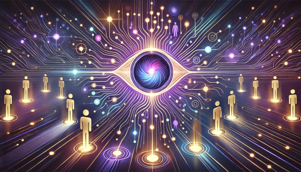 Editorial illustration showing a glowing central orb emitting structured neural threads and illuminated branching paths. Abstract, non-gendered human silhouettes move toward the center, representing AI chatbot logic and lead qualification. The image uses deep violet, neon cyan, navy, and amber tones. No text present.
