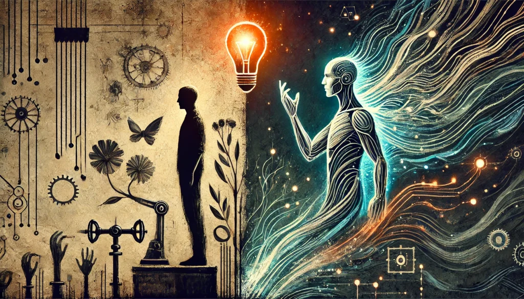 A dramatic split-scene illustration showing a non-gendered human figure facing a luminous, abstract AI form. The human side features earthy tones, hand-drawn gears, flowers, and tools; the AI side glows with flowing energy lines, mechanical forms, and a neural-like presence.