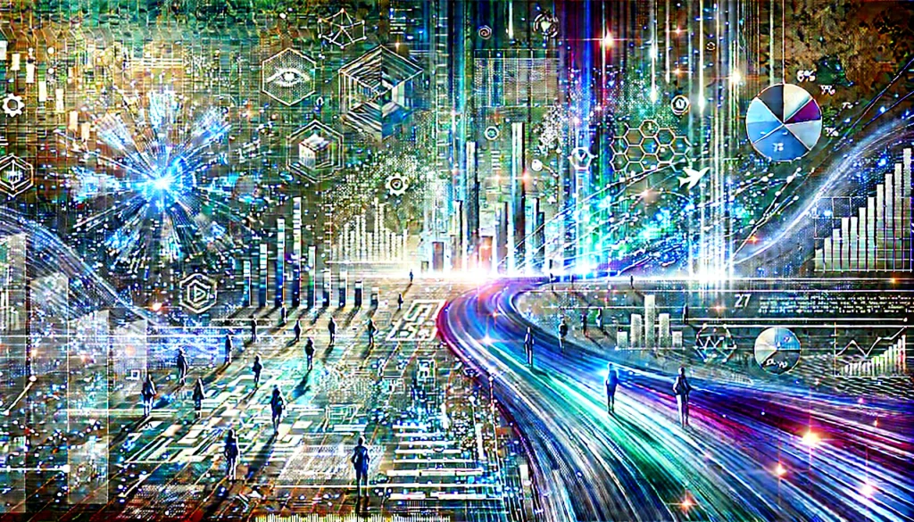 Abstract human figures walk through a glowing digital landscape filled with holographic data streams, bar charts, and radiant light paths representing lead generation trends.