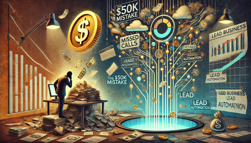 An overwhelmed businessperson stands beside piles of paperwork and money, surrounded by signs reading “$50K Mistake,” “Missed Calls,” and “Lead Automation.” On the right, glowing lines and charts rise from a digital portal, symbolizing the growth potential of automation.