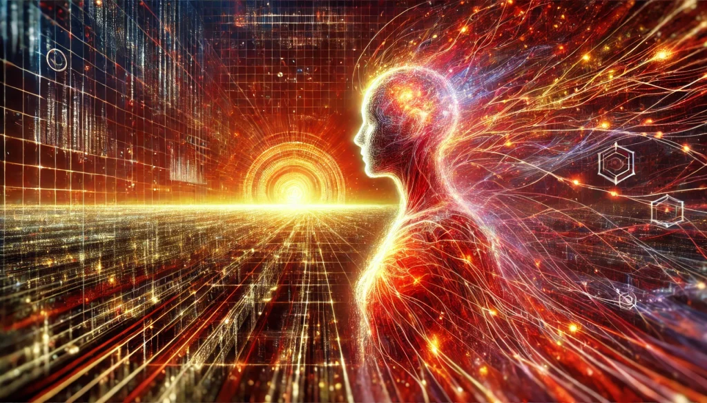 A radiant digital illustration of an abstract humanoid figure forming from glowing threads and swirling fractal data. The figure emerges from a fiery digital environment filled with crimson, orange, and yellow energy fields — symbolizing urgency, power, and the rise of AGI. No text or labels.