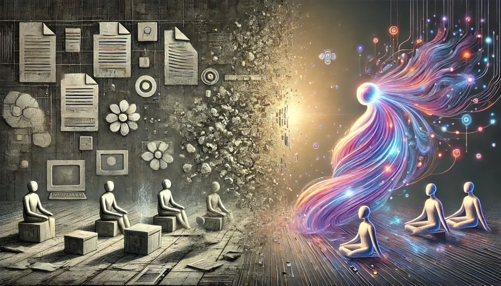 Editorial illustration showing outdated paper forms and rigid chat boxes dissolving into dust on the left, while a glowing, fluid AI presence on the right communicates with simplified human figures using luminous threads of light. The scene transitions from muted grays to vibrant cyan, lavender, and silver. No text or labels.