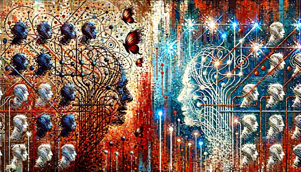 Editorial illustration showing scattered red and orange abstract human silhouettes in a chaotic mass on the left, transitioning into a sleek, cool-toned AI network on the right that filters and channels only a few focused silhouettes through glowing paths in slate blue and icy gray. No text or labels.