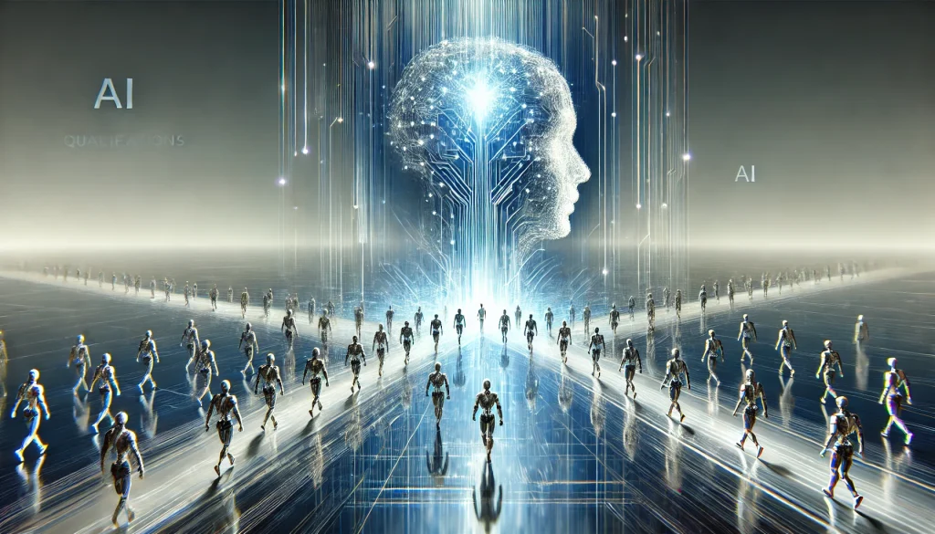A painterly digital illustration of a futuristic AI structure emitting streams of light and data that transform into human-shaped figures walking across a glowing high-tech surface, symbolizing AI lead qualification.