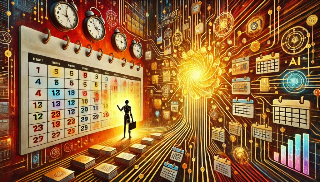 A conceptual digital illustration showing a person standing in front of a large analog calendar, with glowing circuitry leading to an AI-powered scheduling system filled with digital calendars, clocks, and data charts.