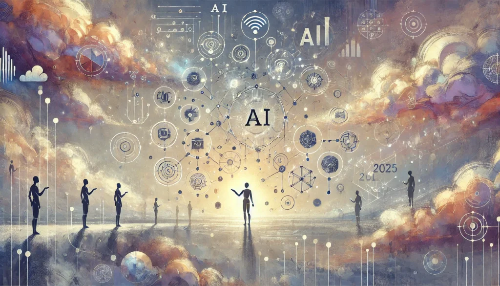 Abstract editorial illustration showing simplified human silhouettes reaching toward floating AI symbols and geometric shapes, arranged in soft orbits against a layered background. The color palette includes sky blue, lavender, amber, and silver, creating a clean, educational mood.