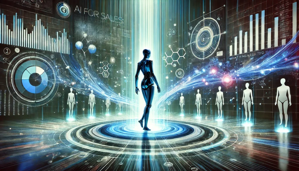 A luminous AI figure stands on a glowing sales floor, surrounded by data streams, prospect silhouettes, and digital funnels, symbolizing the integration of real-time AI in modern sales.