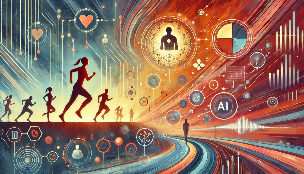 Abstract editorial illustration showing athletic human silhouettes in mid-motion on one side, connected to glowing digital paths and biometric shapes on the other. The scene blends physical training with AI automation using vibrant coral, warm gold, slate blue, and cyan tones.