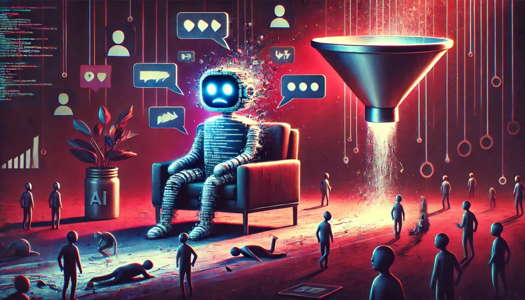 A broken chatbot figure made of glitching speech bubbles and tangled code sits slumped, surrounded by confused digital leads, while a glowing but unused funnel looms in the background.