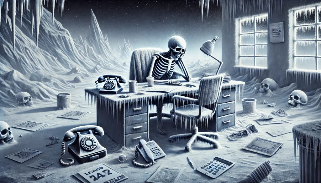 A skeleton sits at a snow-covered office desk surrounded by frost-covered papers, clocks, and lead forms, in a room frozen solid under a pale blue sky — symbolizing how quickly marketing leads can grow cold.