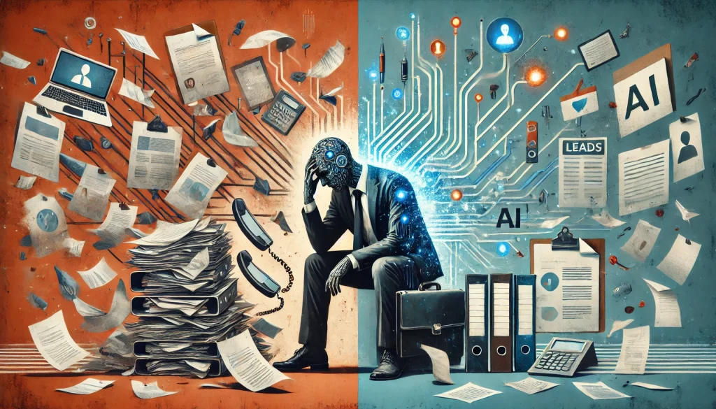 A symbolic digital illustration split down the center: on the left, a chaotic red-toned world of paper, outdated calculators, and tangled wires representing manual business processes; on the right, a cool-toned, cloud-like space of glowing circuits, digital coins, and clean automation symbolizing AI-powered efficiency. A business figure stands in the middle, half-human, half-AI.