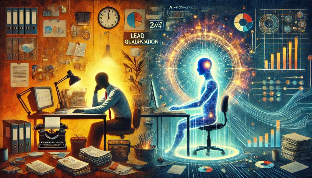 A real estate agent sits slouched at a cluttered desk lit by harsh orange light, while a radiant, humanoid AI figure on the right manages data streams within a glowing circular interface, backed by a translucent clock.
